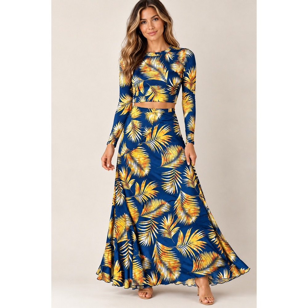 Pia Colors Womens 2 Piece Skirt Set S Blue Tropical Palm Crop Top Maxi Skirt